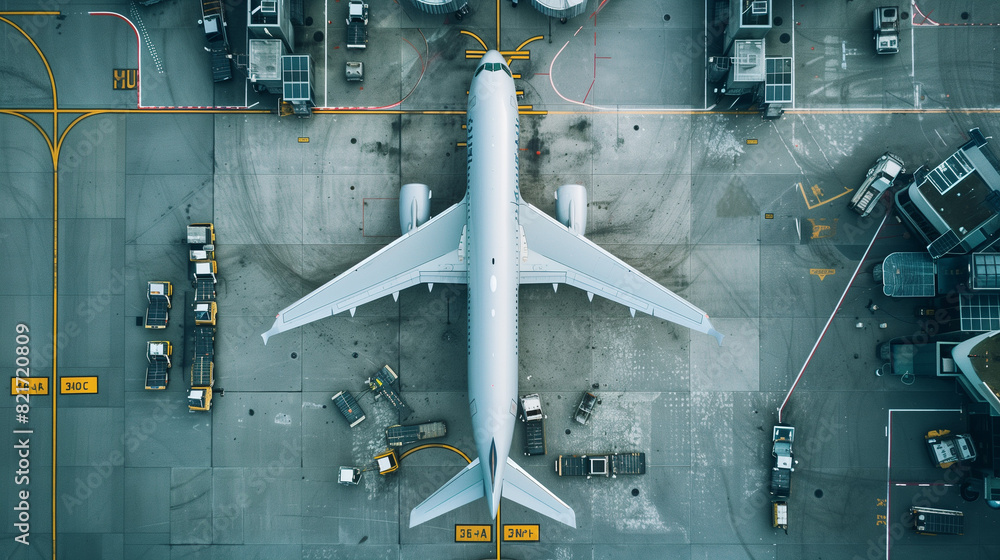 An overhead view of a commercial aircraft docking at the terminal on the tarmac parking lot, waiting for maintenance. An overhead view of a commercial aircraft docking at the terminal on the tarmac parking lot, waiting for maintenance.