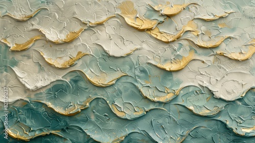 Oil paint and cold wax create a Seigaiha pattern with hues of very light teal  cream  and gold.