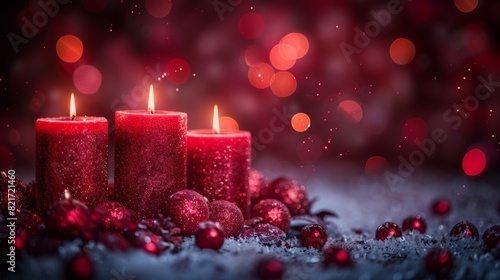 Three red candles are burning brightly in the dark, casting a warm glow in the room. The flickering flames create shadows and illuminate. Horizontal banner with copy space