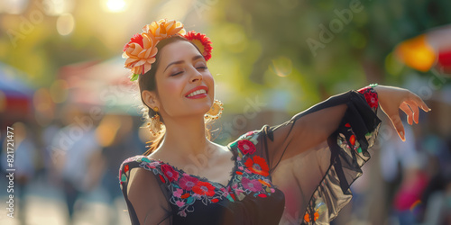 Beautiful female flamenco dancer in a traditional dance dress. Young woman dancing flamenco on oldtown square