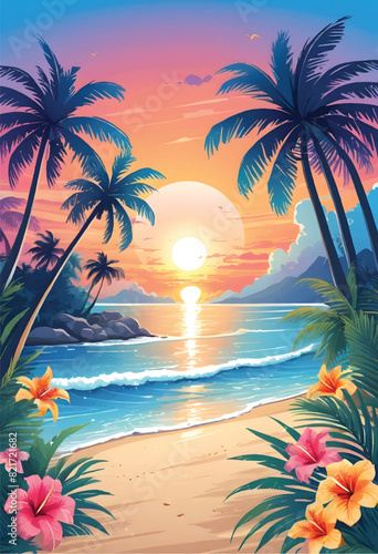 a vector illustration of a sunset with palm trees and the sun in the background