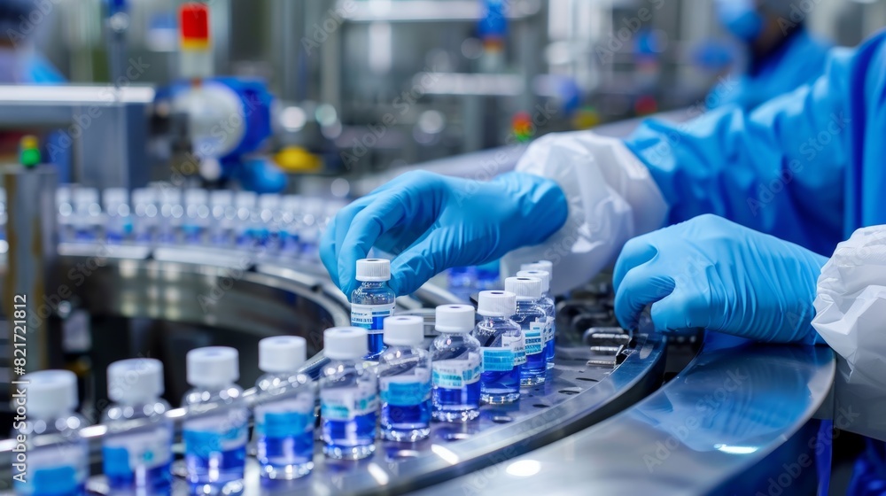 Close-up of a scientist in blue gloves holding a vial in a pharmaceutical lab with automated machinery. Generative Ai Close-up of a scientist in blue gloves holding a vial in a pharmaceutical lab with automated machinery. Generative Ai