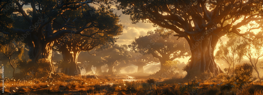 A vast baobab forest with trees of all shapes and sizes at sunset A vast baobab forest with trees of all shapes and sizes at sunset