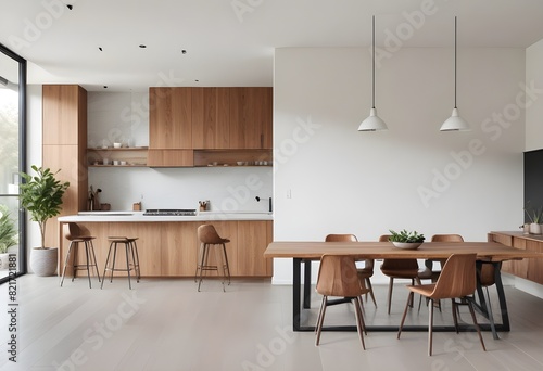 Modern kitchen interior with dining area on a cityscape background, showcasing wooden furniture and minimalist design, the concept of an urban home. 3D Rendering
