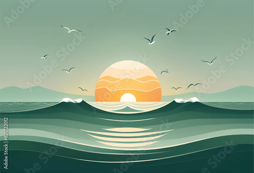 a vector illlustration of a sunset with birds flying above the water