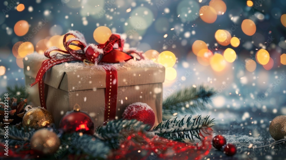 A Christmas present adorned with a vibrant red bow and ribbon sits elegantly, ready to bring joy and excitement to its recipient. Horizontal banner with copy space A Christmas present adorned with a vibrant red bow and ribbon sits elegantly, ready to bring joy and excitement to its recipient. Horizontal banner with copy space