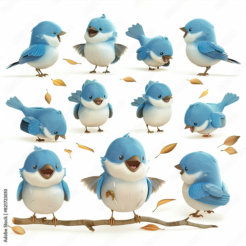 Fototapeta premium Little Blue Bird Cute character multiple posses and expression children's book illustration style