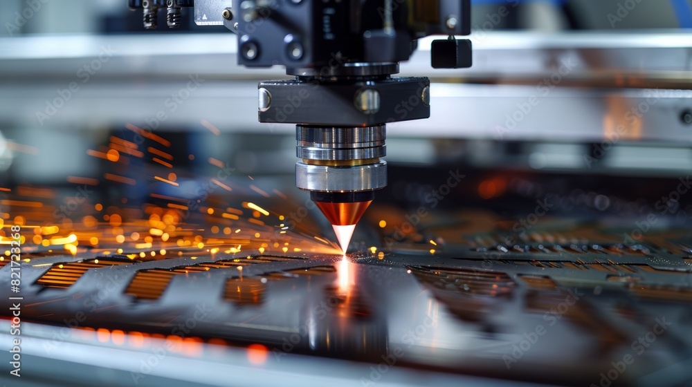 Cutting-edge laser cutting technology at work on electronic components in a modern manufacturing facility. Generative Ai Cutting-edge laser cutting technology at work on electronic components in a modern manufacturing facility. Generative Ai