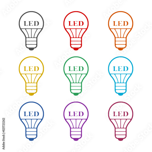 Led bulb icon isolated on white background. Set icons colorful