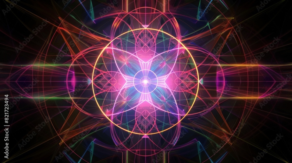 A detailed computer-generated visualization of the sacred geometry pattern known as the Flower of Life. 