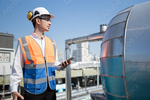Portrait Asia male engineer in protective workwear is performing a conducts system check with use tablet computer and walkie talkie at rooftop building	