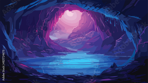 Dark mystery cave with underground lake or river and