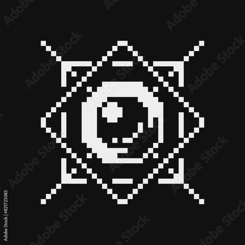 Eye pixel art abstract cyberpunk icon. Design application. 1-bit. Video game sprite. Game assets. Vector illustration. Design for web, logo, sticker, mobile app.