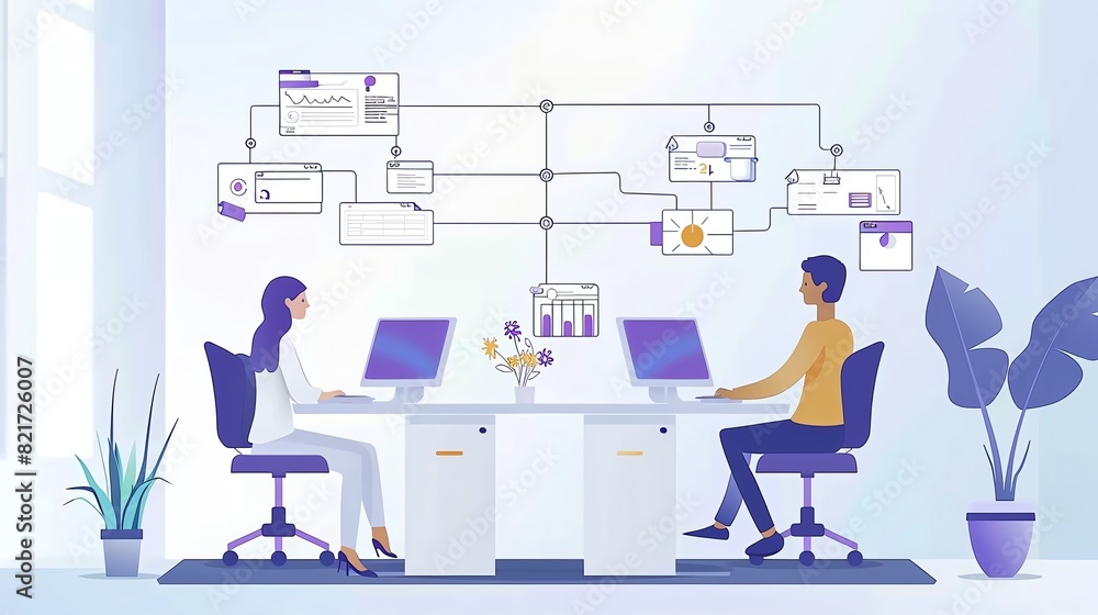 Fototapeta premium Illustration of two professionals working on their laptops in a collaborative office setting, with data network visualization in the background.