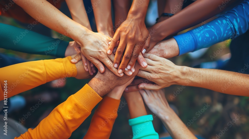 Diverse group of people putting their hands together in a circle symbolizing unity, teamwork, trust, and collaboration with colorful clothing. Diverse group of people putting their hands together in a circle symbolizing unity, teamwork, trust, and collaboration with colorful clothing.