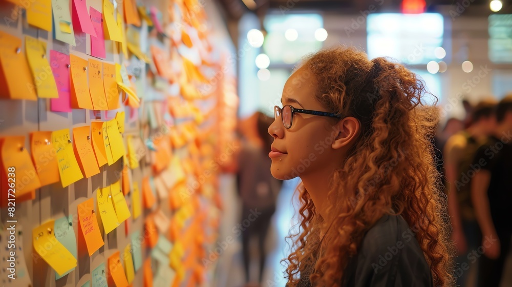 Young woman with curly hair reading colorful sticky notes on a public wall in a modern, bustling workspace. Concept of idea sharing and communication. Young woman with curly hair reading colorful sticky notes on a public wall in a modern, bustling workspace. Concept of idea sharing and communication.