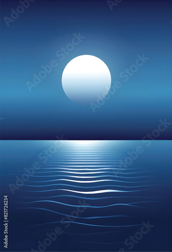 a vector illustration of a sea with calm waves on the night sky with a full moon on it