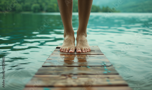 feet standing on wooden pier at lake