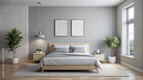 Minimalist Bedroom Frame Mockup     Simple White Frame  A serene bedroom featuring a simple white frame on a light gray wall  suitable for minimalist and tranquil decor. 