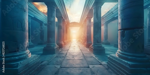 Virtual reality tour of an ancient grand and mystical architectural palace or temple interior with glowing archways and dramatic lighting photo