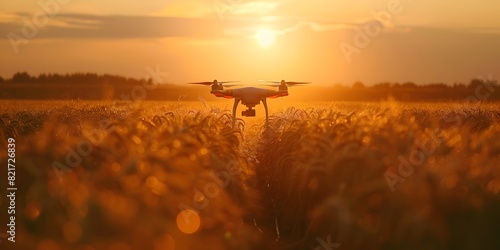 Drone Hovering Over Golden Sunset Farmfield Monitoring Advanced Precision Agriculture Technology photo