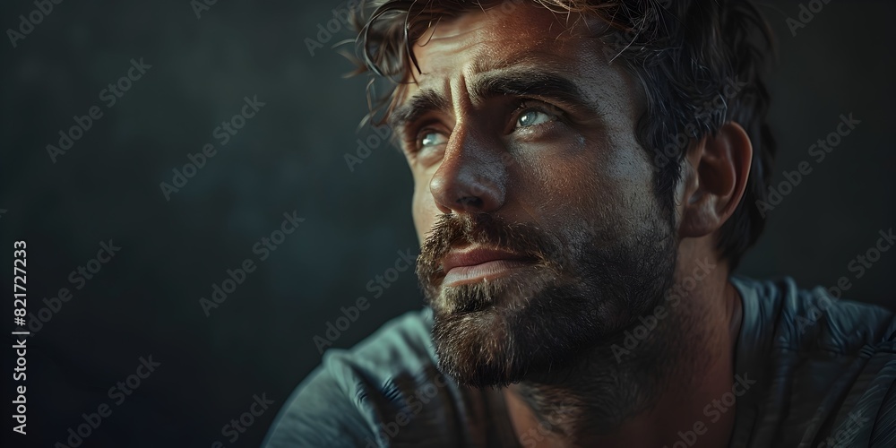 Pensive Man with Thoughtful Expression in Neutral Tones with Copy Space Pensive Man with Thoughtful Expression in Neutral Tones with Copy Space