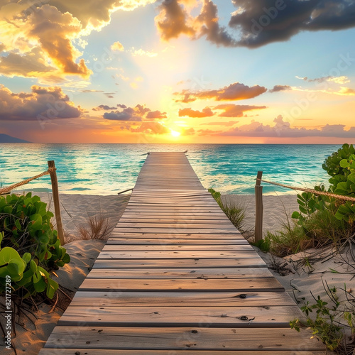 sunset at the beach, wooden footpath to the sea
