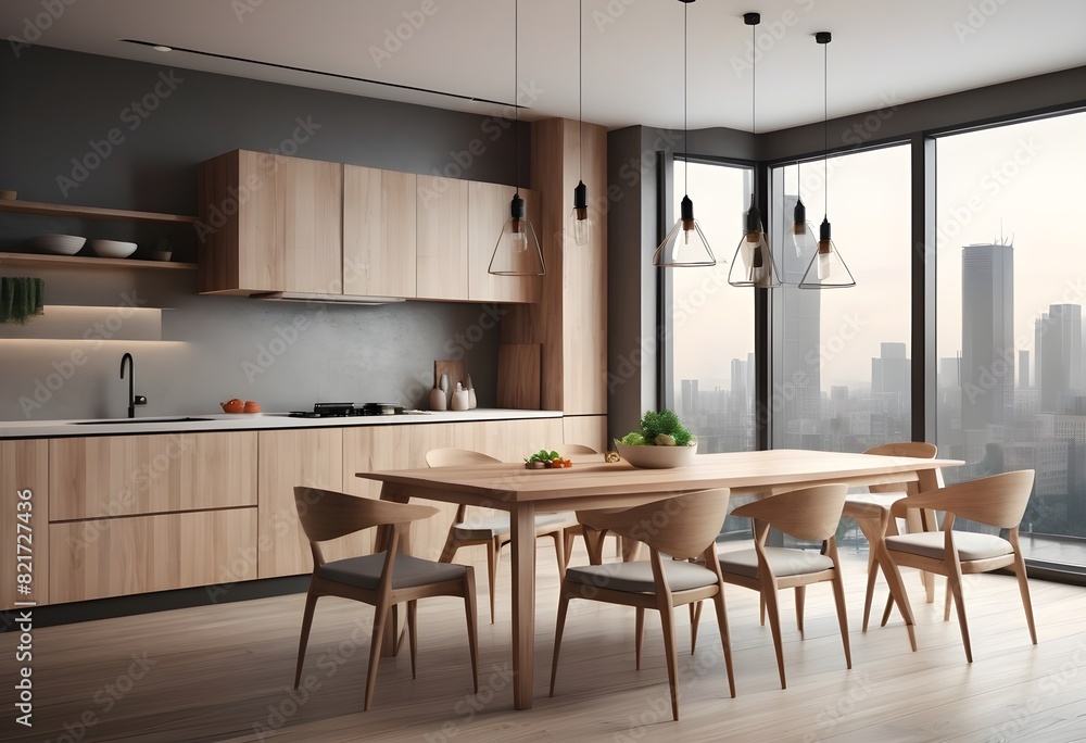 Modern kitchen interior with dining area on a cityscape background, showcasing wooden furniture and minimalist design. 3D Rendering Modern kitchen interior with dining area on a cityscape background, showcasing wooden furniture and minimalist design. 3D Rendering