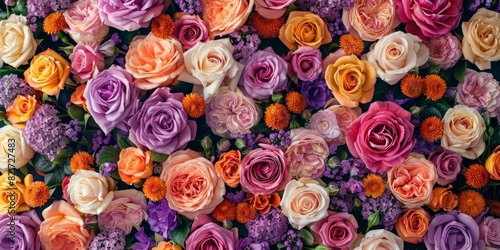 Romantic Valentine s Day Background with Multicolored Flowers. Floral Wallpaper with Purple  Pink and Orange Roses.