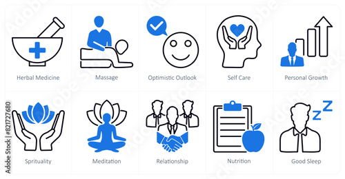 A set of 10 wellness icons as herbal medicine, massage, optimistic outlook