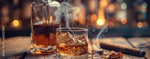Whiskey glass with ice and cigar on wooden table photo