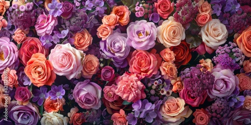 Romantic Valentine s Day Background with Multicolored Flowers. Floral Wallpaper with Purple  Pink and Orange Roses.