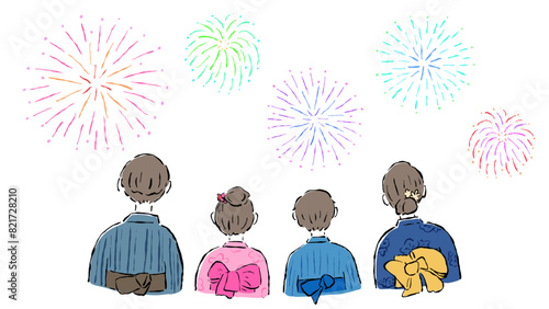 Fotografie Rear view of family in yukata, fireworks, summer festival, simple hand-drawn ill