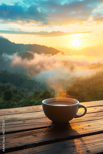 Serene sunrise with steaming coffee mug on wooden table