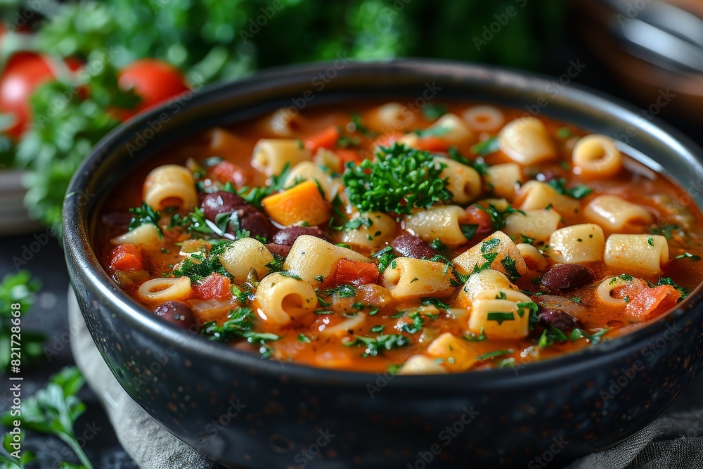 Pasta e Fagioli: A hearty soup with pasta and beans, in a thick tomato broth. Pasta e Fagioli: A hearty soup with pasta and beans, in a thick tomato broth.