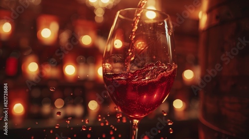 Captivating close-up of red wine being poured into a glass, set against a bokeh background for a festive ambiance. Generative Ai
