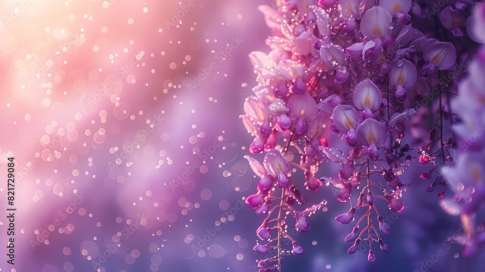 Elegant pink wisteria flowers with sparkling bokeh background creating a magical and enchanting floral scene in soft pastel hues. Generative Ai Elegant pink wisteria flowers with sparkling bokeh background creating a magical and enchanting floral scene in soft pastel hues. Generative Ai