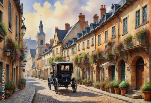 Peaceful European Village Scene with a Horse and Carriage on a Cobblestone Road