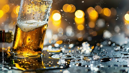 Beer in a glass, beer and water spilled around. Blurred background with lights.