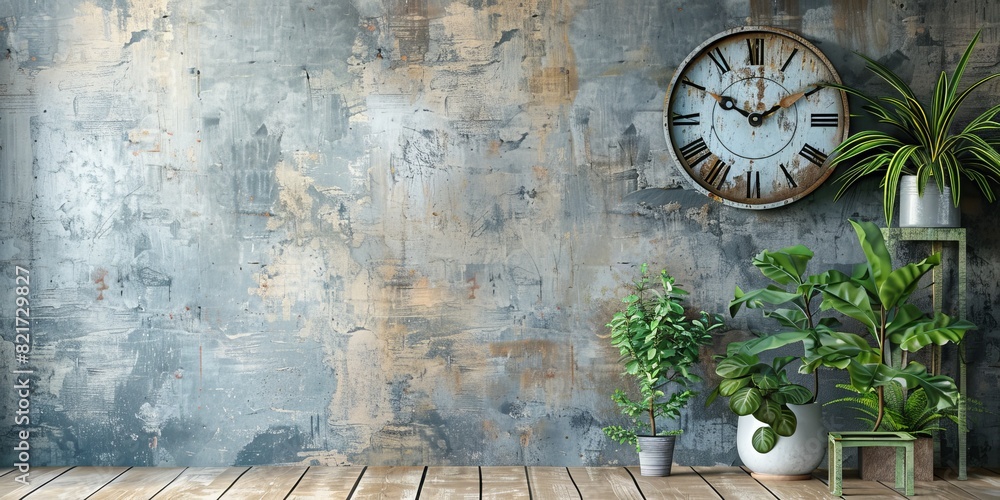 custom made wallpaper toronto digitalSpringtime Background with Clock and Plants Against a Concrete Wall.