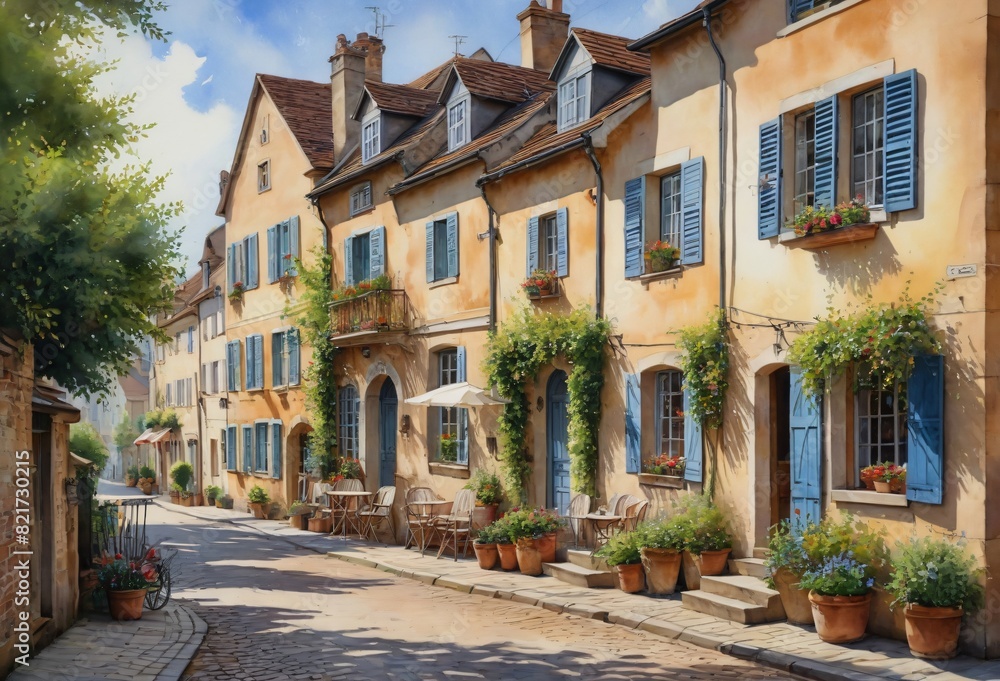 Village Scene with Blue-Shuttered Houses and Potted Plants