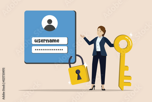 Strong password for cyber security, high protection for login account, secure data privacy, businesswoman hold key with user account lock with strong lock pad.