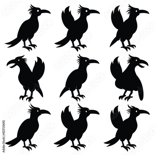 Set of Hornbill animal black Silhouette Vector on a white background