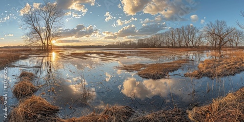 Panoramic Nature landscape of flood in brackish Marsh Massachusetts