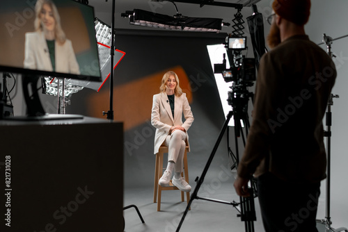 A woman at film studio set. Behind the scenes concept
