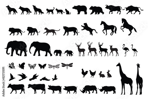 Animal silhouettes. Includes images of various types of wild animals on a white background. Vector illustration.