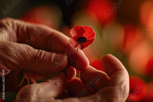 Close-up of a person's hands pinning a red paper poppy, symbolizing remembrance and honor. Memorial day, National Poppy Day photo