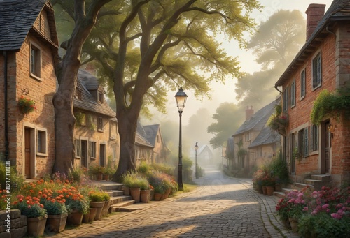 Digital Art of a Small Village with Brick Houses and Cobblestone Streets, Bathed in Morning Light © aeggarut