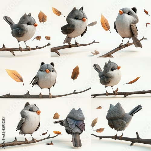 Little Cat Bird Cute character multiple posses and expression children's book illustration style photo