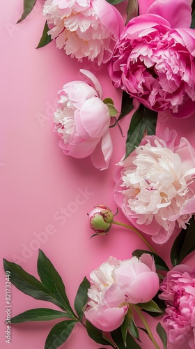 Wallpaper Mural peonies roses on pink background with copy space abstract natural floral frame layout with text space romantic feminine composition wedding invitation international women day mother day concept Torontodigital.ca